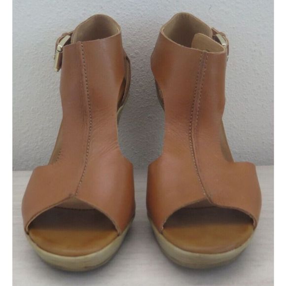 Söfft 1536600 Women's Sz 8M Cognac Dabney Open Toe Leather T-Strap Stacked Heels - Picture 13 of 13